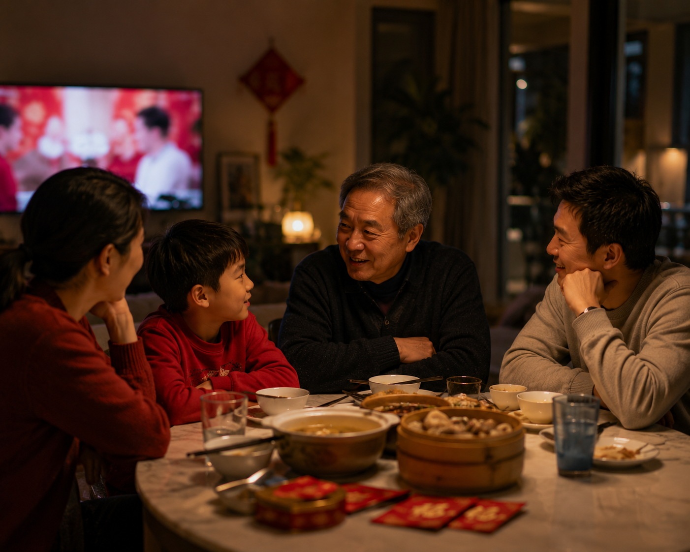 A Chinese family having a quiet, meaningful conversation after their New Year's Eve dinner.