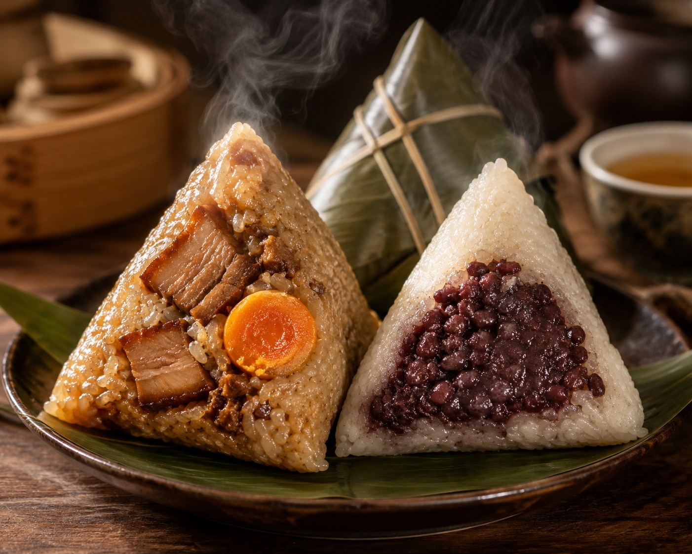 Comparison of savory zongzi with pork and sweet zongzi with red bean paste on a wooden table