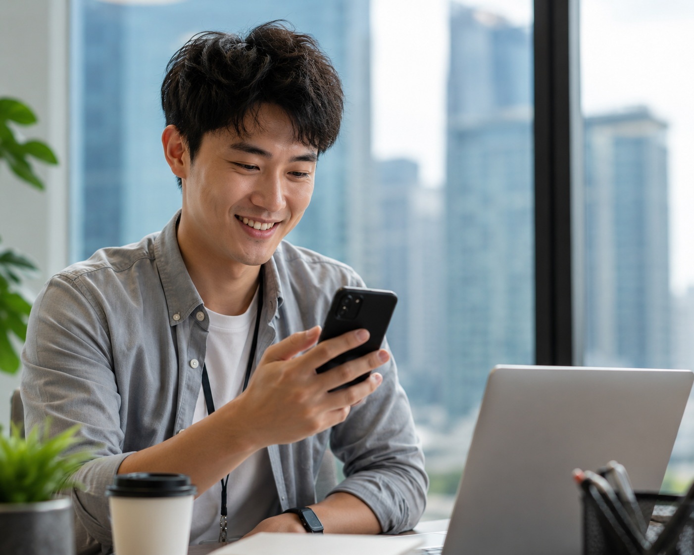 Young Chinese professional using smartphone to engage in online food debate