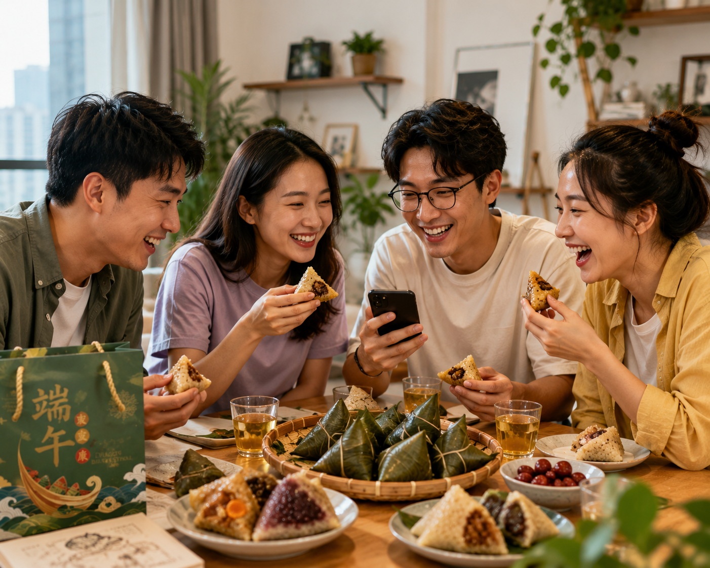 Friends sharing zongzi and laughing together during Dragon Boat Festival