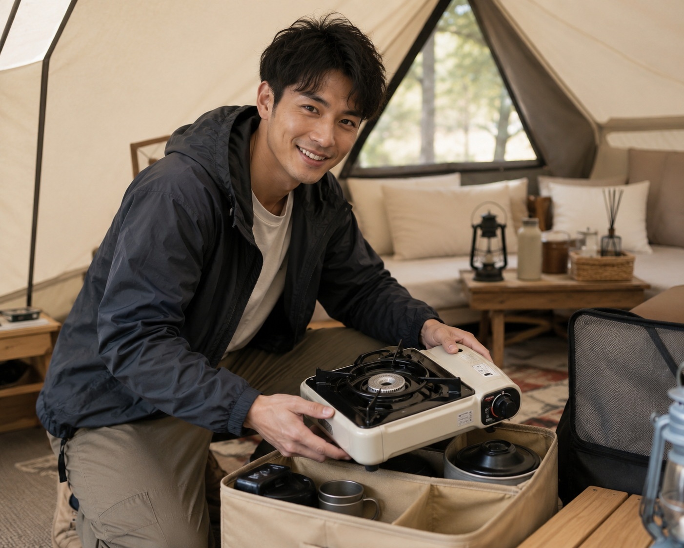 A young Chinese man setting up camping equipment in a modern glamping tent, preparing for the Mid-Autumn Festival.