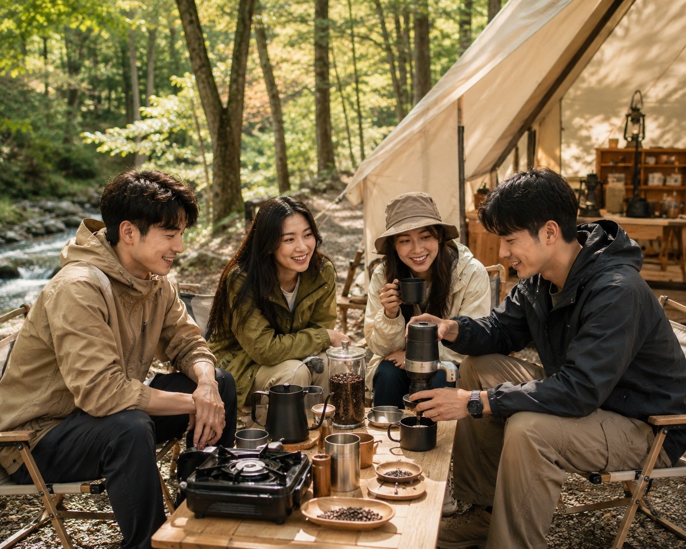 Young Chinese friends enjoying coffee and conversation at a trendy glamping site during the Mid-Autumn Festival.