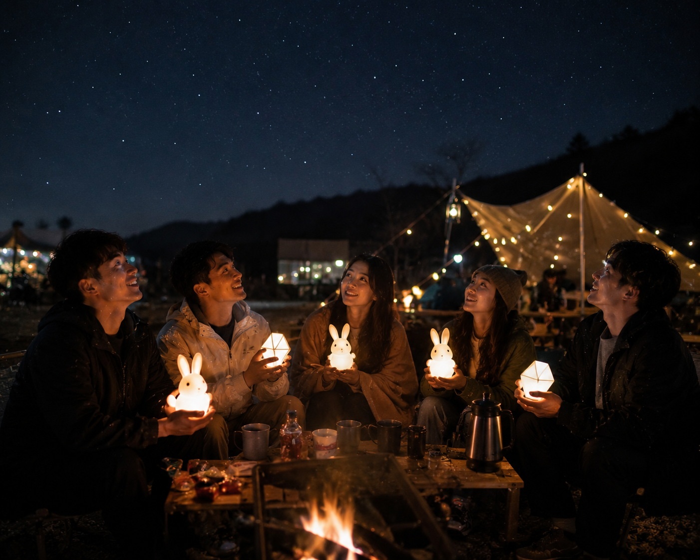 Young Chinese people holding portable lanterns and gathering around a fire pit under the full moon during Mid-Autumn Festival.