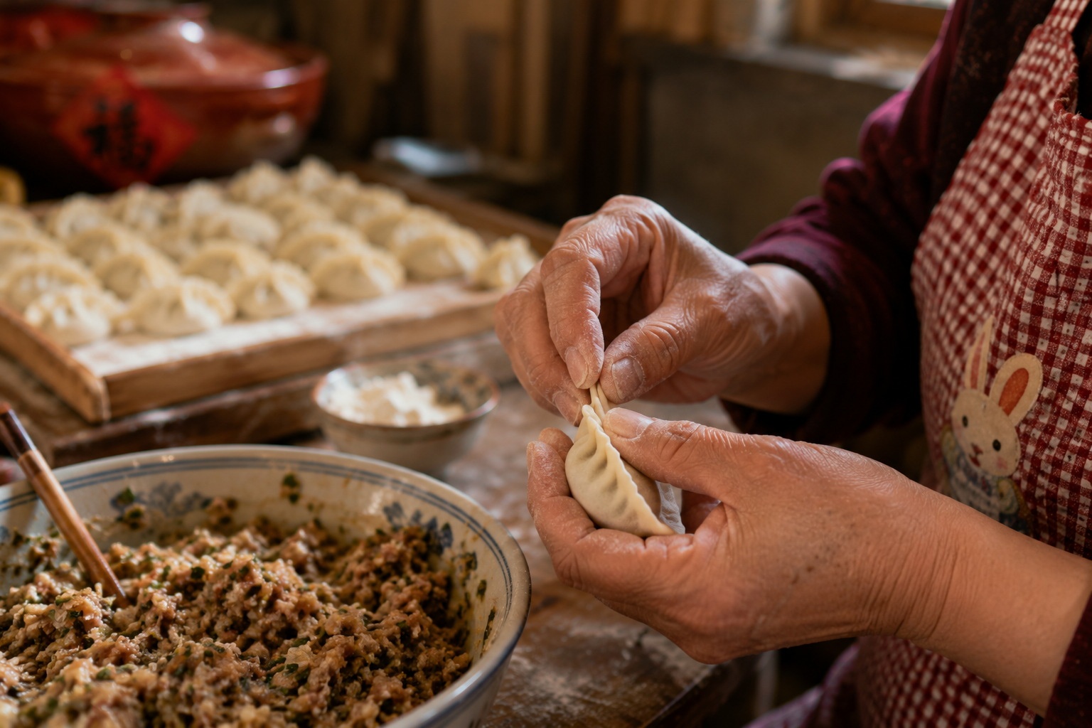 Close-up of hands skillfully pleating a dumpling wrapper, showcasing the traditional preparation method common in Northern China during Winter Solstice.