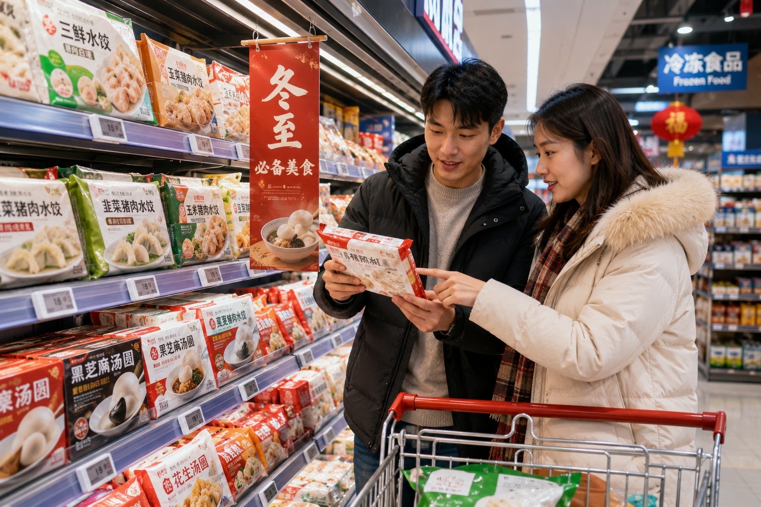 Young shoppers comparing pre-packaged dumplings and tangyuan in a modern Chinese supermarket, reflecting the shift from homemade to convenient purchases.