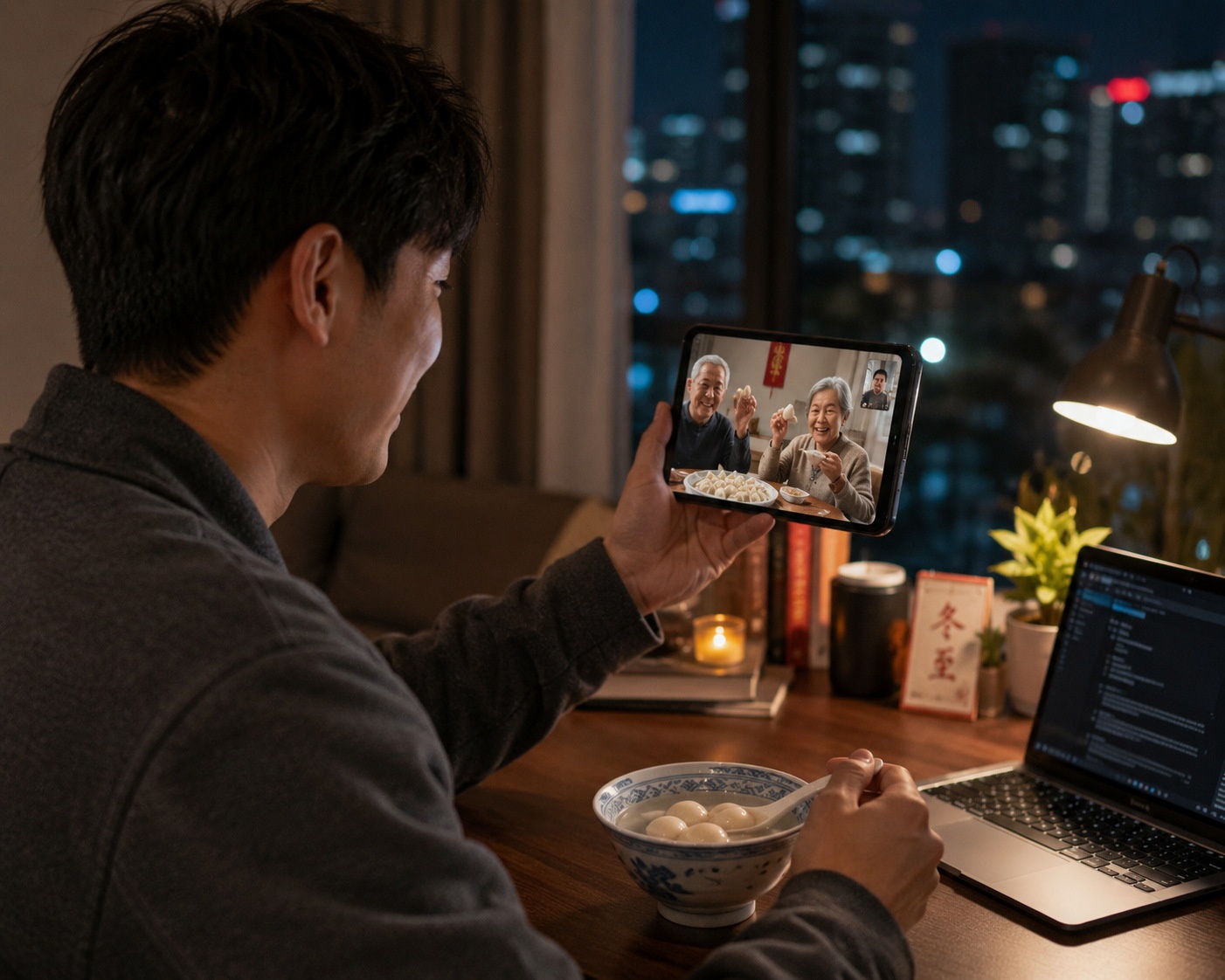 A young professional video calling family during Winter Solstice, balancing personal tradition with family expectations in a modern urban setting.