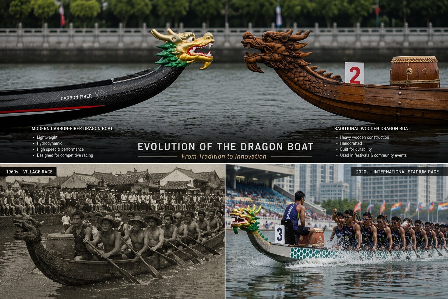Evolution of dragon boat design, contrasting traditional wooden structures with modern racing equipment.