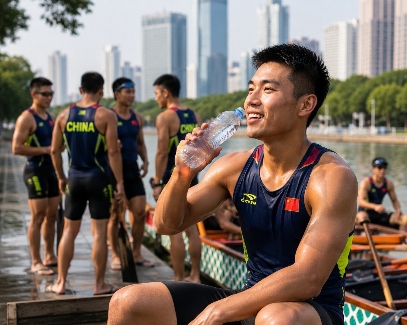 A young Chinese tech worker taking a break after dragon boat training, highlighting the sport's appeal to urban youth.