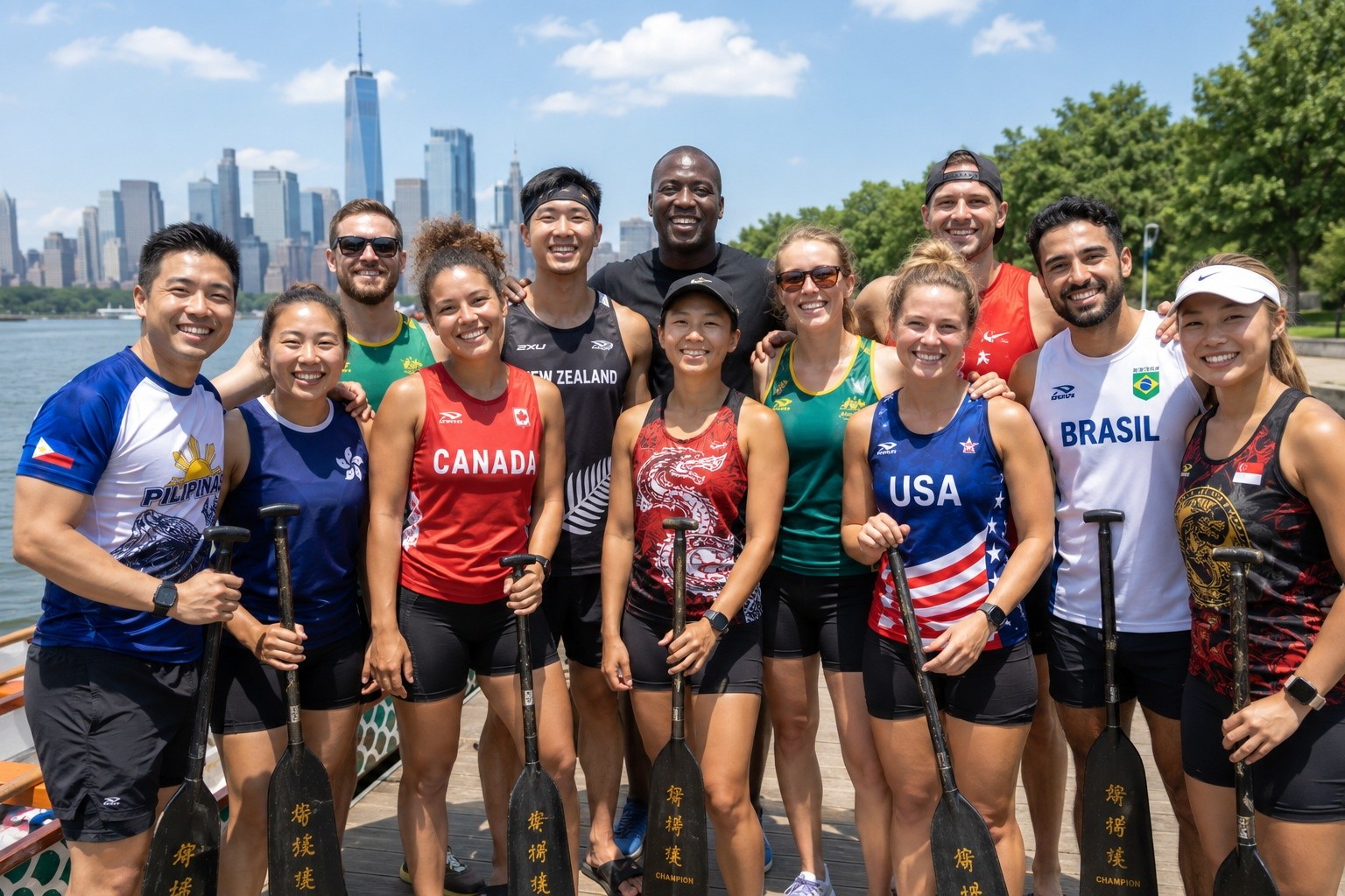An international dragon boat team celebrating together, showing the global spread of the sport.