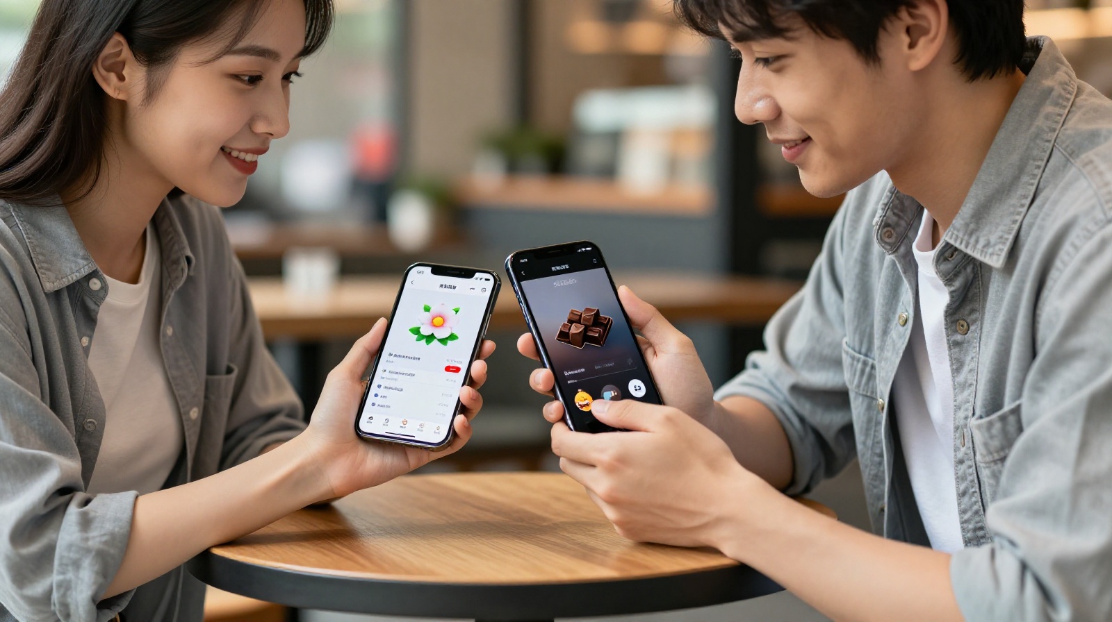 Young couple comparing Qixi gift options on smartphones in a modern Chinese café