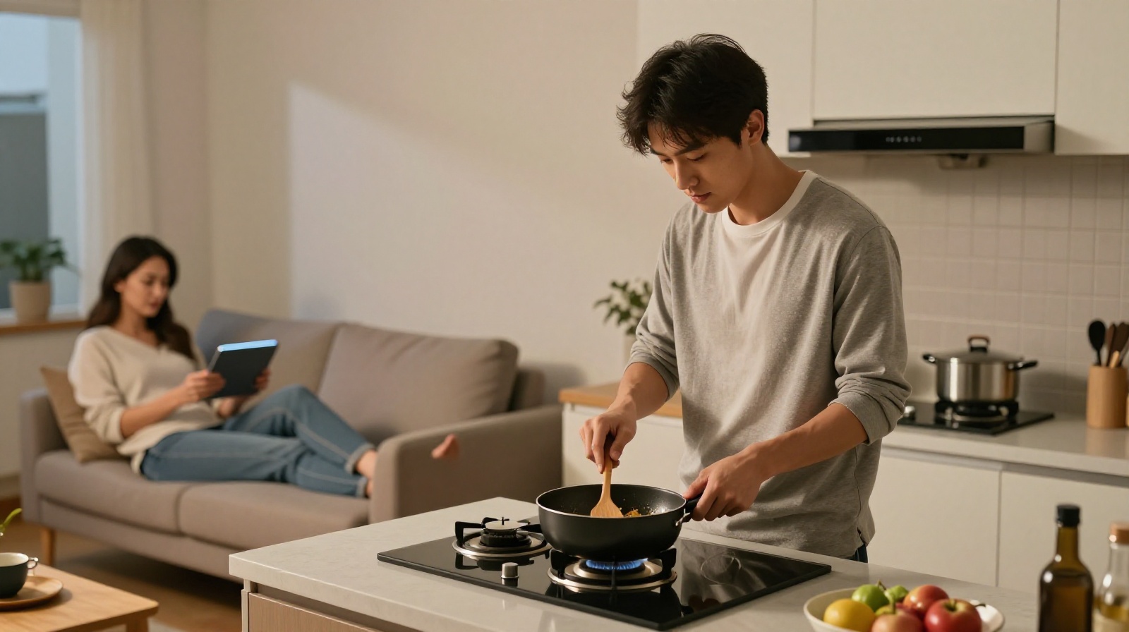 A couple spending a low-key Qixi evening at home with home-cooked food and digital entertainment