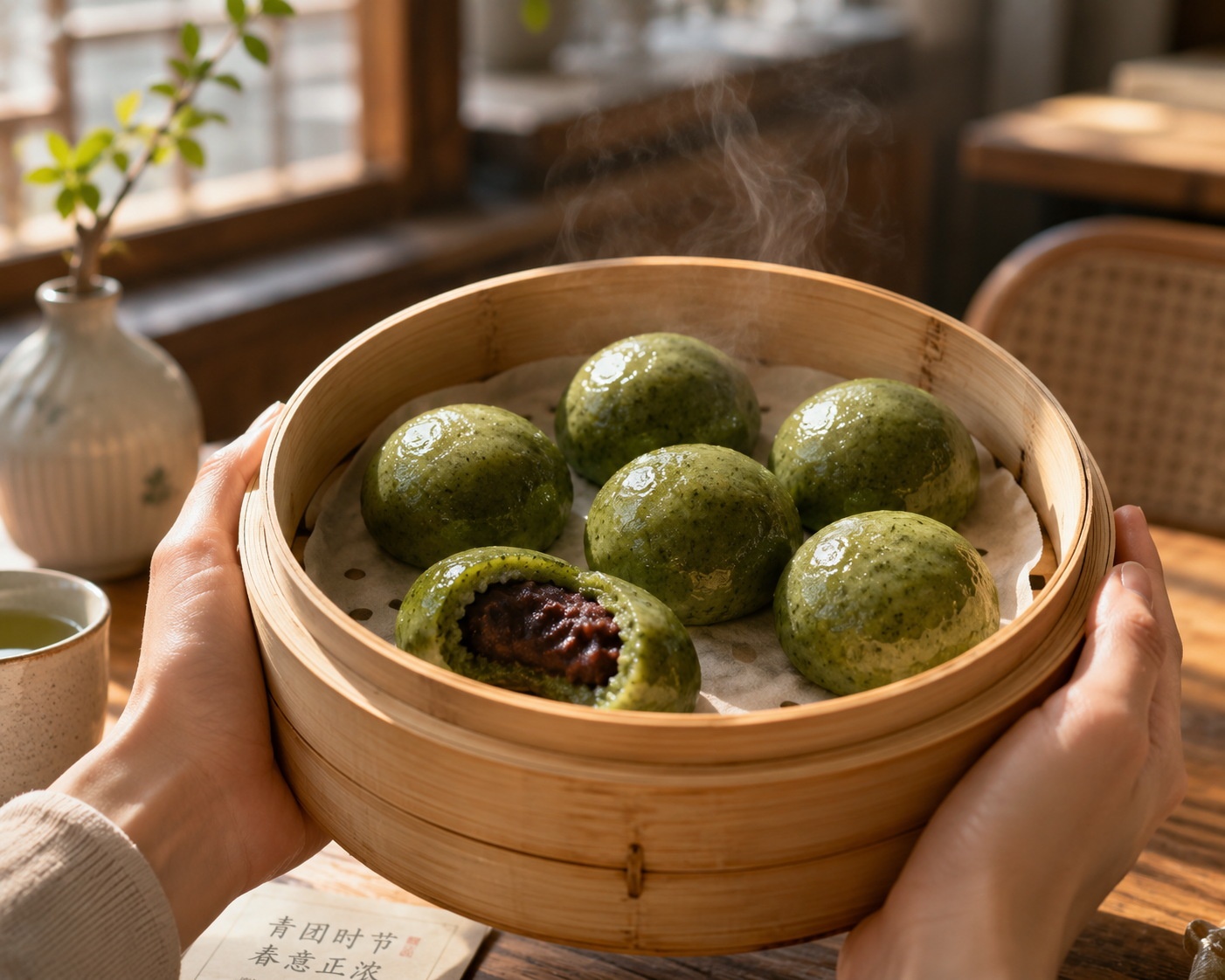 Close-up of fresh Qingtuan green glutinous rice balls being served in a modern Chinese cafe setting
