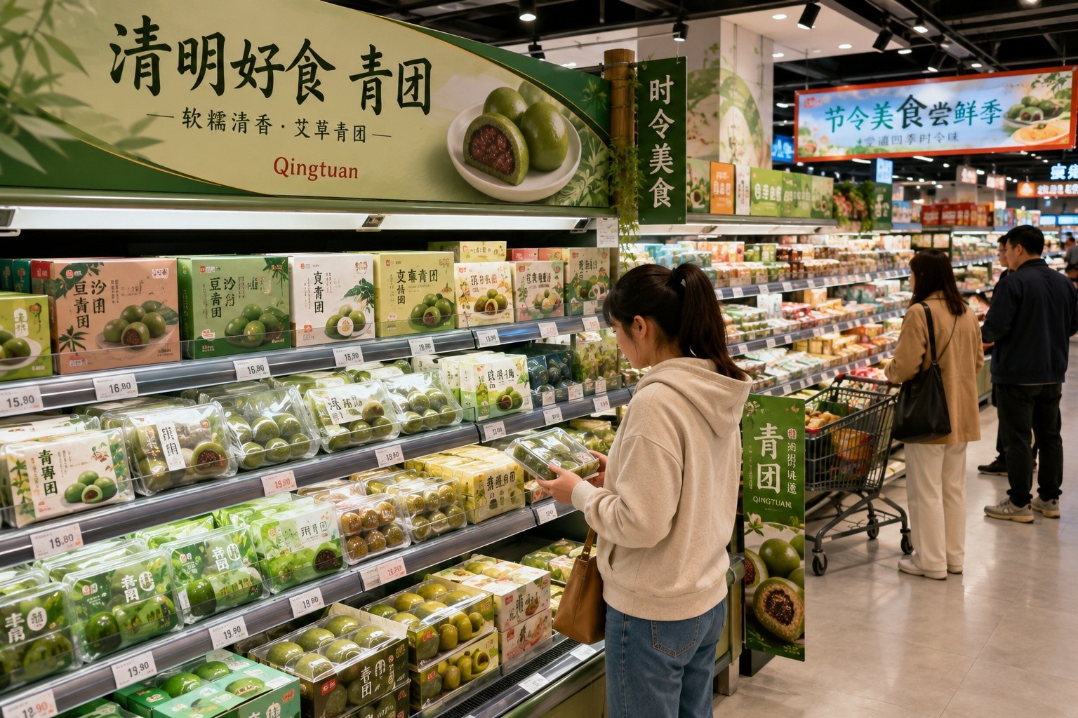 Variety of packaged Qingtuan products on display in a modern Chinese supermarket