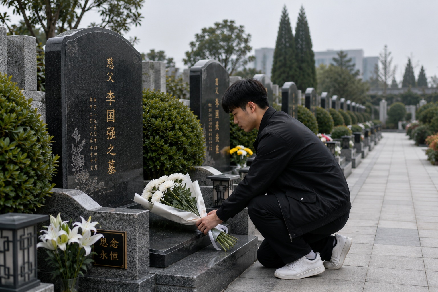 A visitor placing white chrysanthemums on a grave during Qingming Festival in a modern cemetery