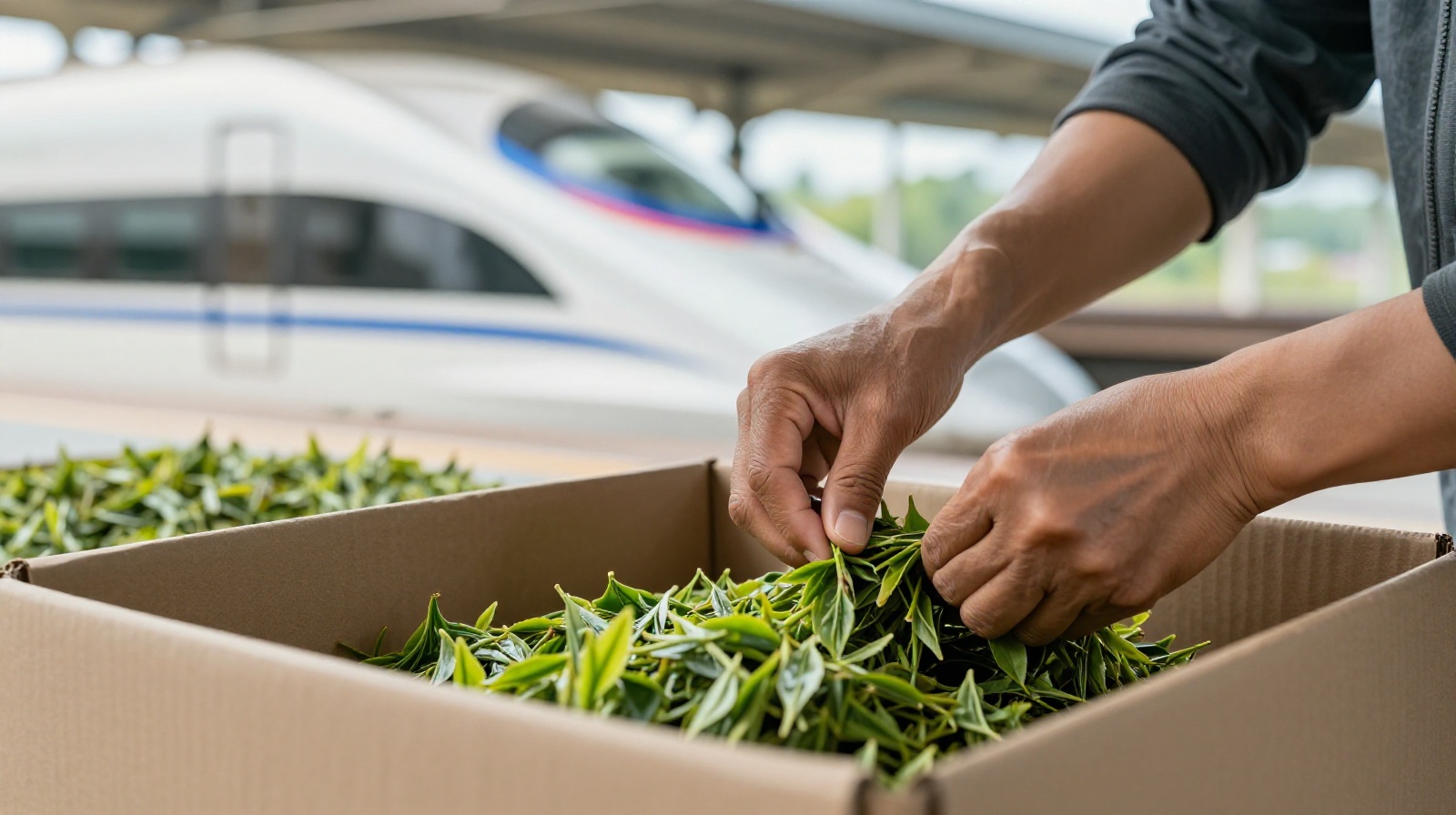 Farmer packing fresh tea leaves for shipment at a Chinese high-speed rail station platform, illustrating the integration of agriculture and logistics.