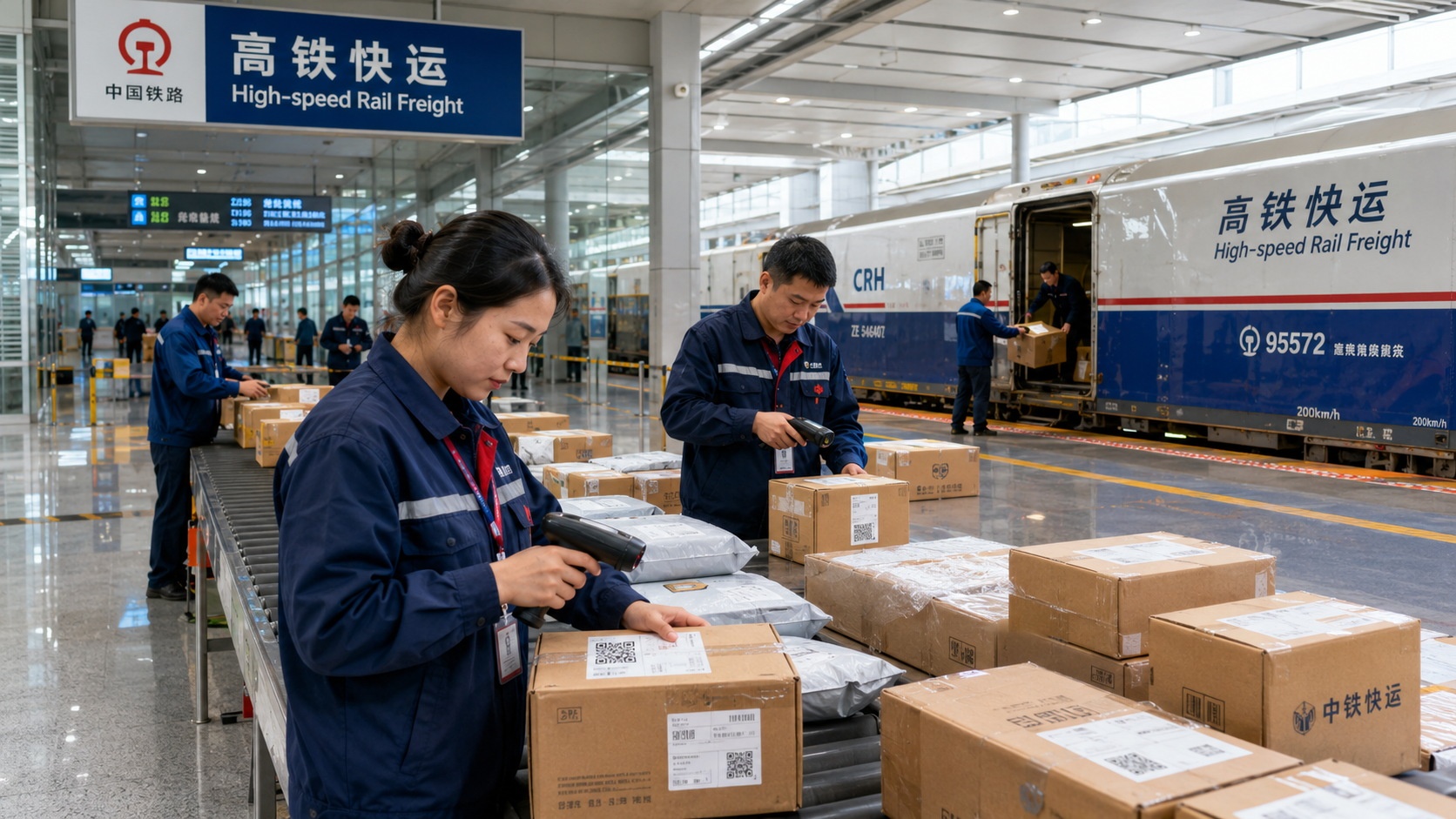 Workers sorting e-commerce packages for high-speed rail freight at a modern logistics hub in China.