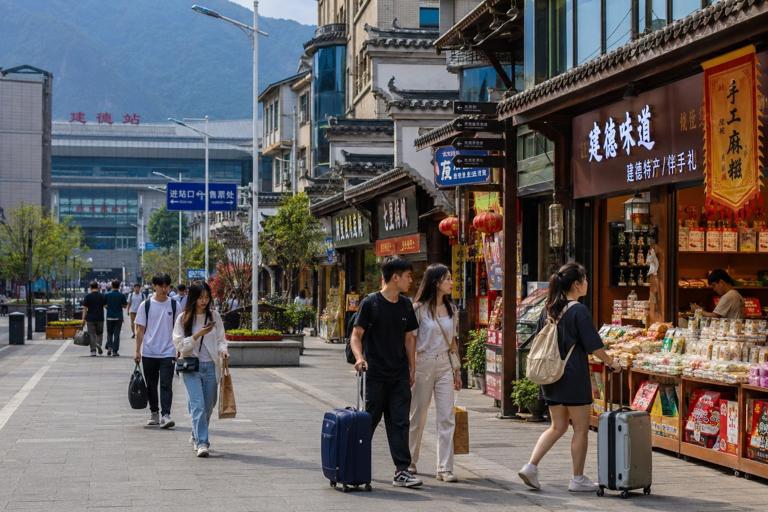 Busy commercial street near a high-speed rail station in a rural Chinese county, showing increased tourism and local business activity.