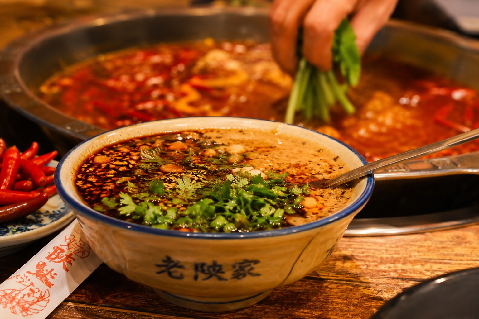 Close-up of Xi'an style hot pot dipping sauce with vinegar and sesame paste, highlighting local culinary adaptations.