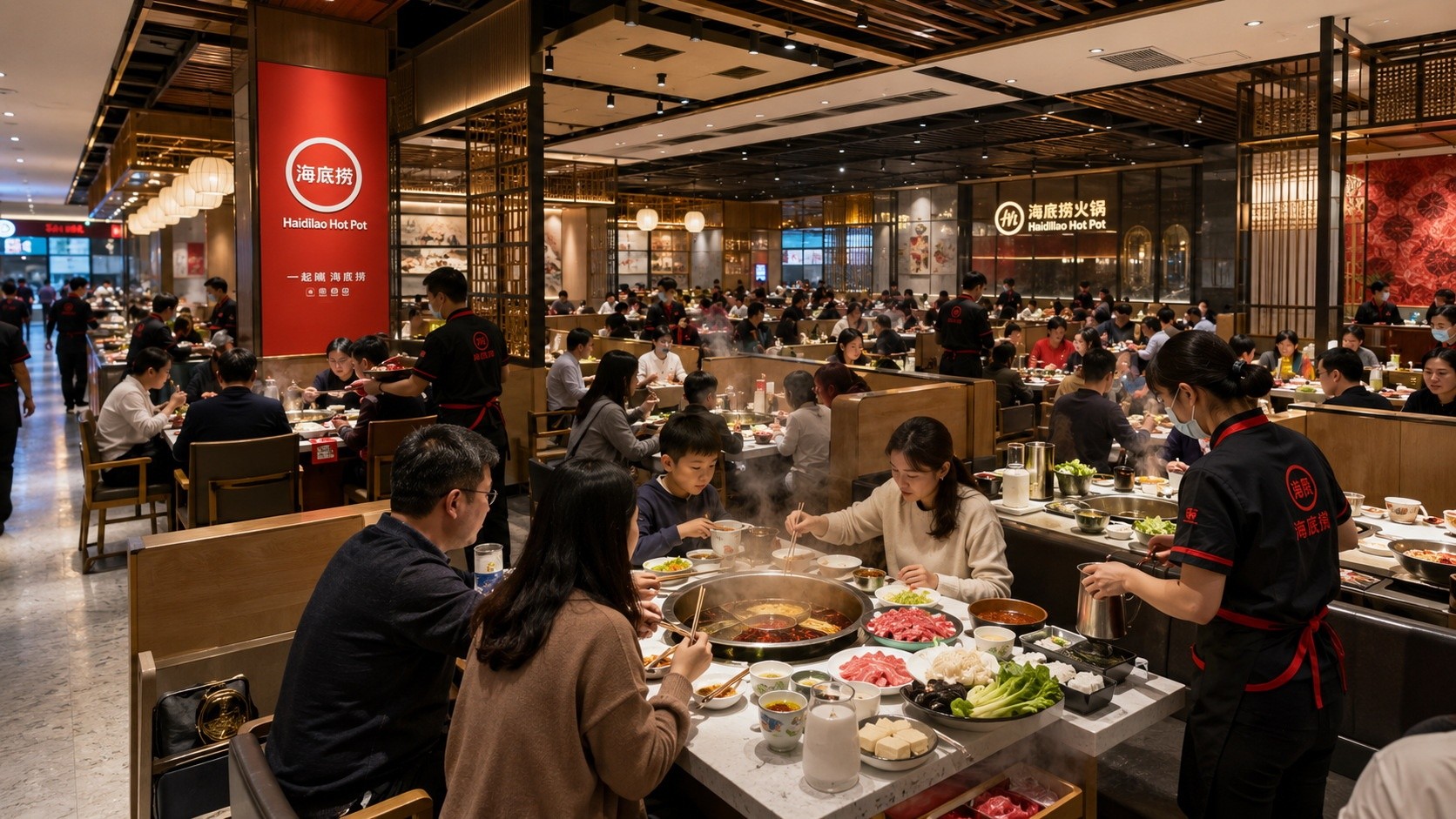 Busy interior of a modern hot pot chain restaurant in China, showing efficient service and diverse customers.
