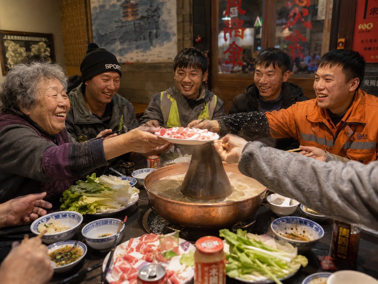 Diverse group of people sharing a hot pot meal in Xi'an, illustrating the social bonding aspect of Chinese dining culture.
