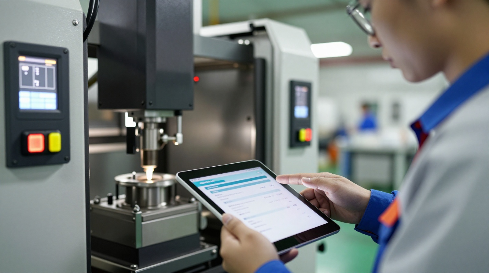 Production manager inspecting machinery in a Zhejiang small appliance factory using a digital tablet.