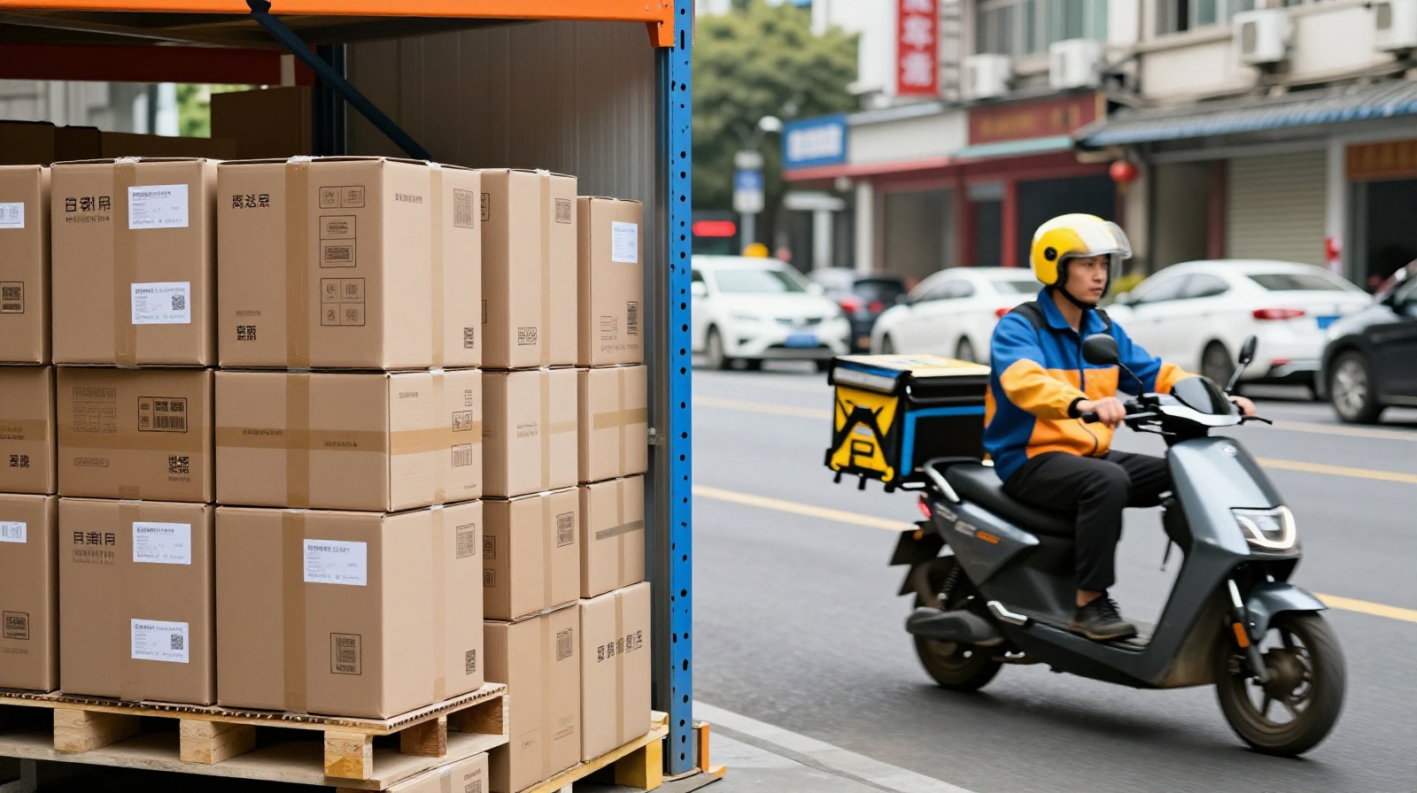 Chinese logistics network showing warehouse storage and last-mile delivery via electric scooter in a urban setting.