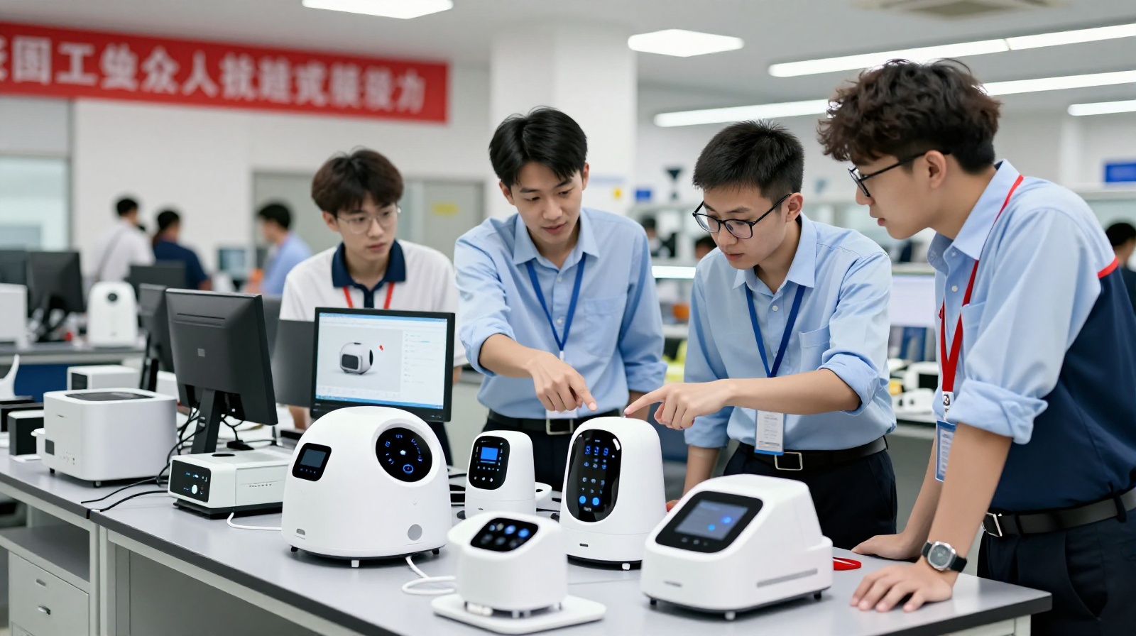 Chinese engineers collaborating on smart appliance prototypes in a factory R&D lab.