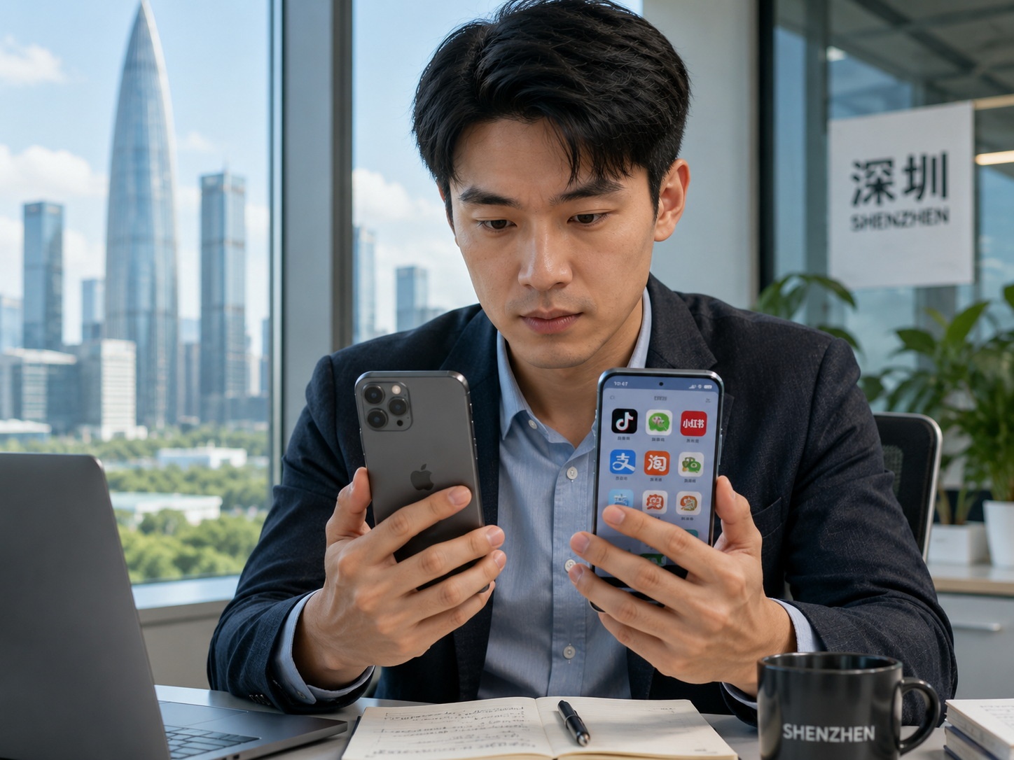 Young Chinese engineer comparing domestic and foreign smartphones in a modern office