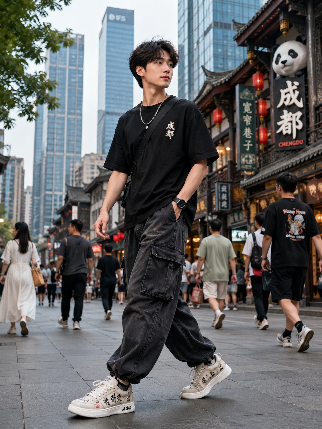 Young designer wearing Guochao style sneakers on a city street
