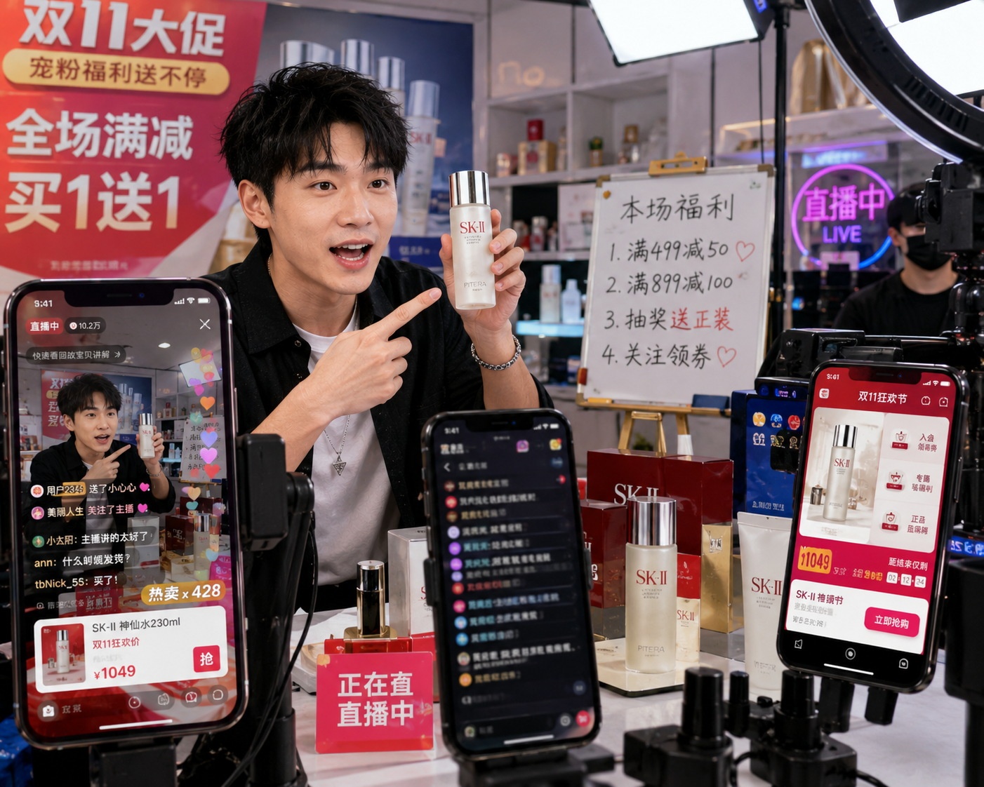 Live-streaming commerce session in China with host and digital interface