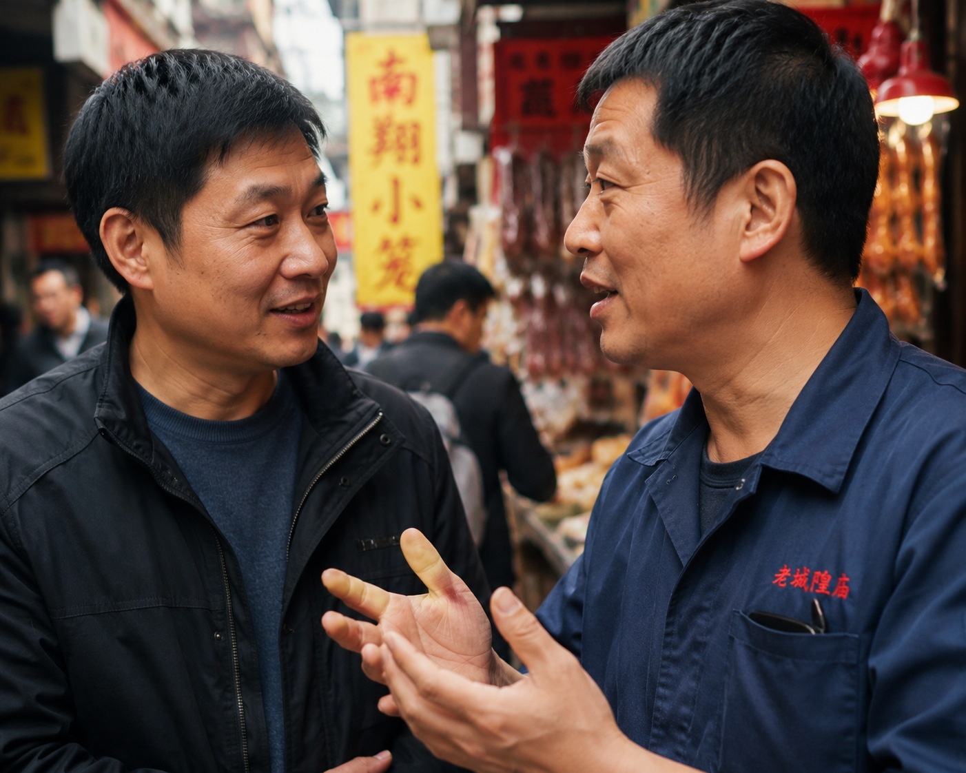 Two men engaging in conversation in a bustling Chinese street market, illustrating everyday business communication.