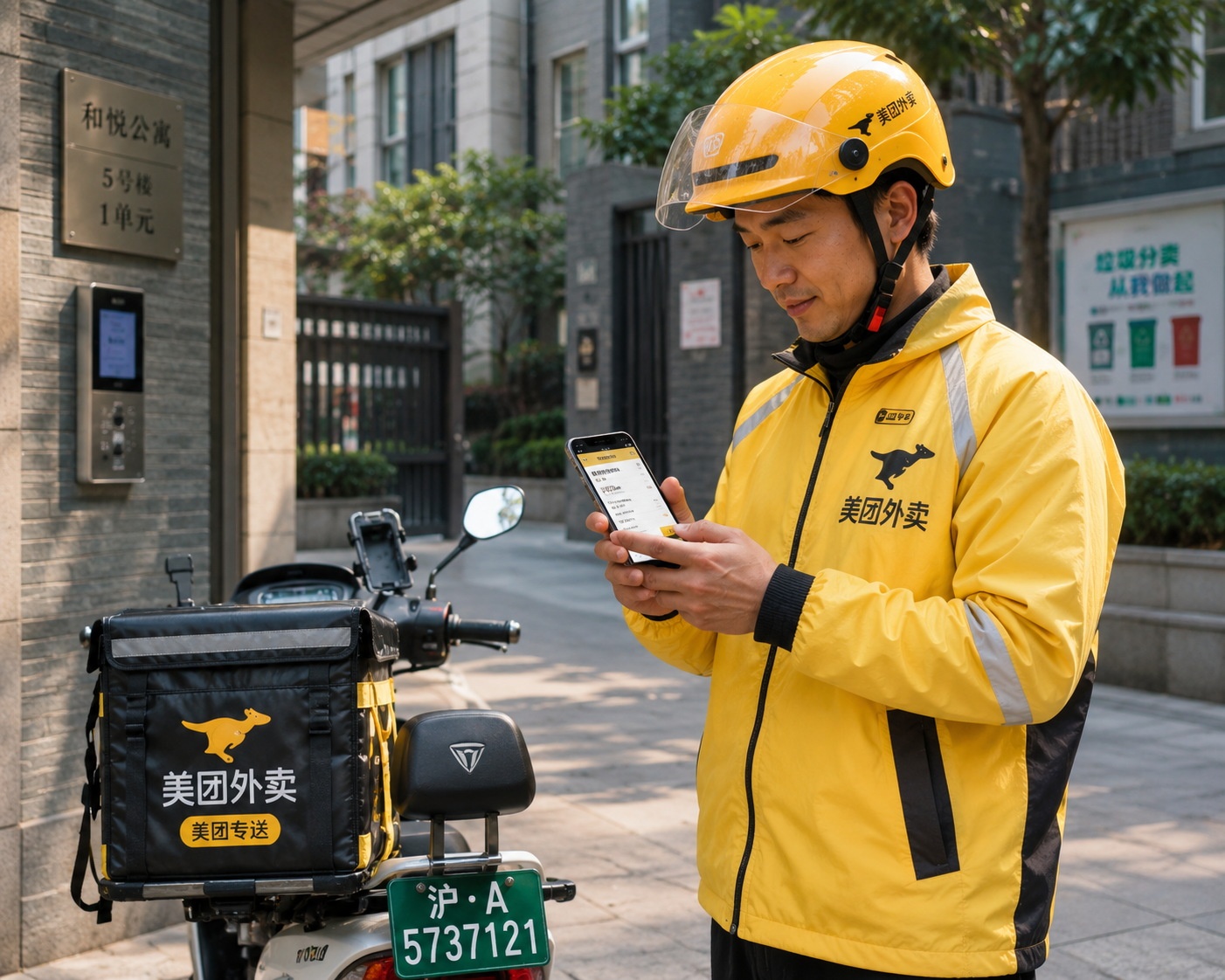 A delivery rider checking a navigation app on his smartphone in an urban setting, representing the gig economy and digital infrastructure.