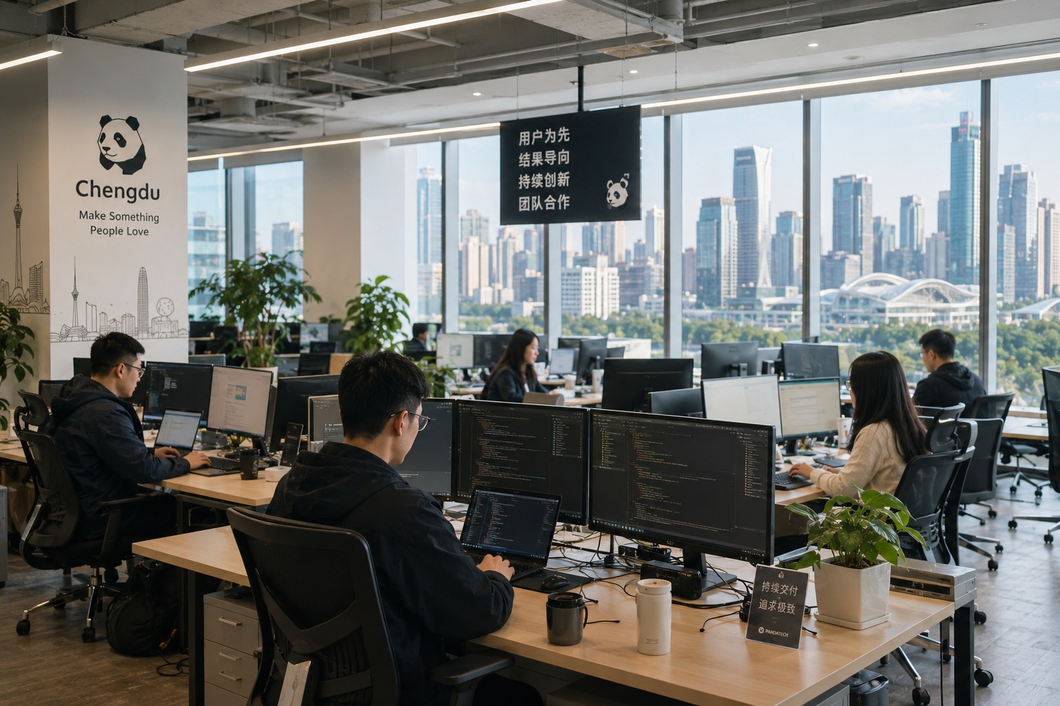 A modern tech startup office in China, showcasing the local innovation ecosystem supported by national connectivity.