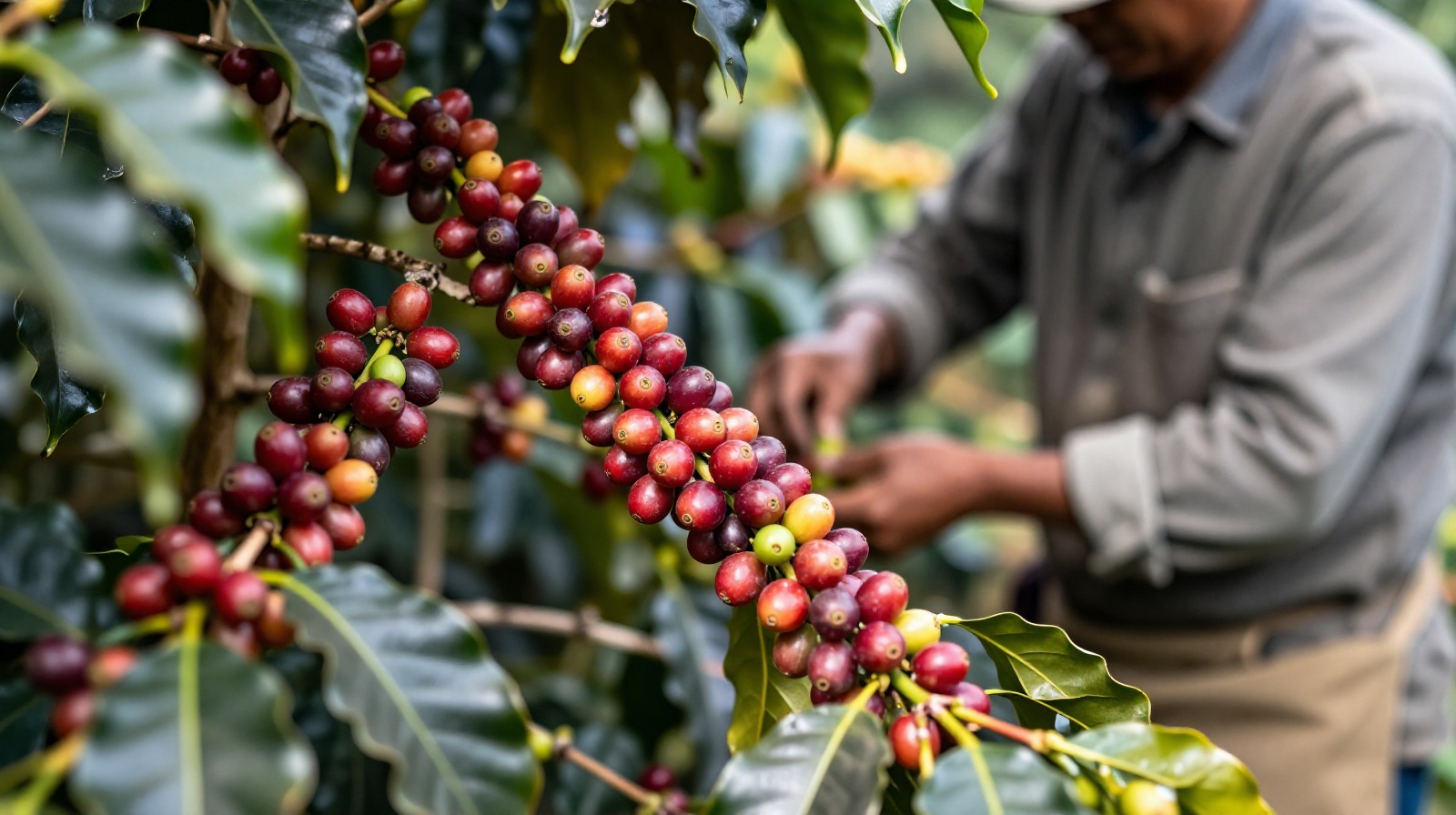 Freshly harvested coffee cherries in a Yunnan plantation with a farmer working in the background