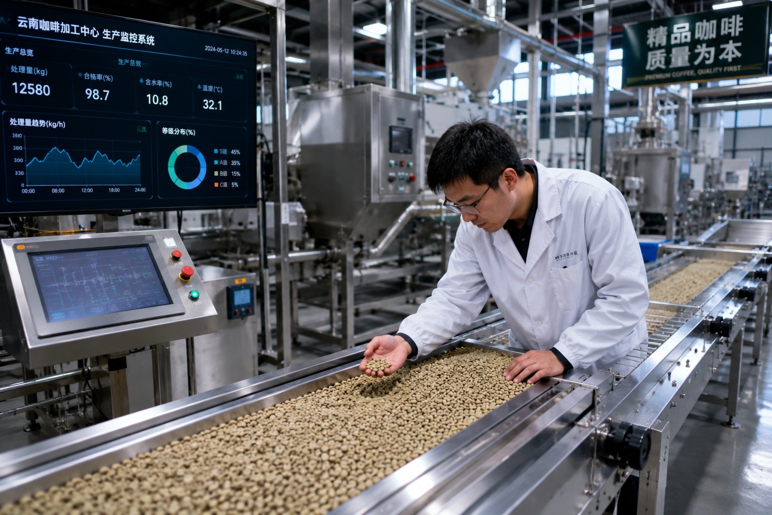 Inside a modern coffee processing plant in China with digital quality control systems