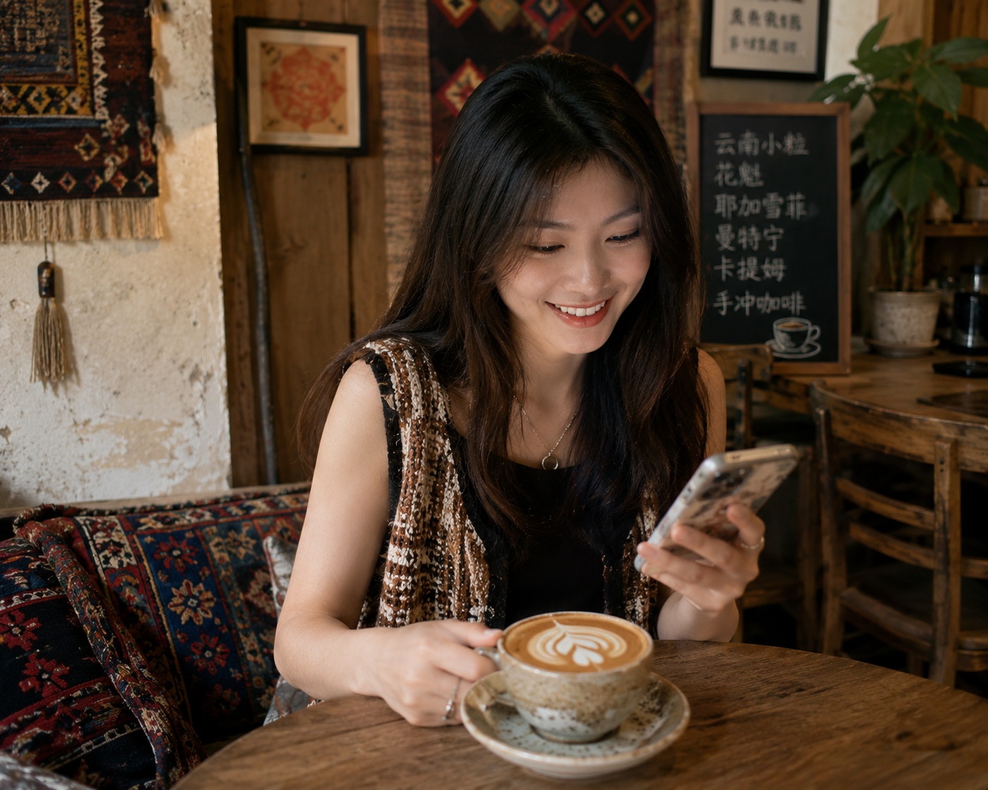 A young local enjoying coffee in an independent cafe in a Chinese county town