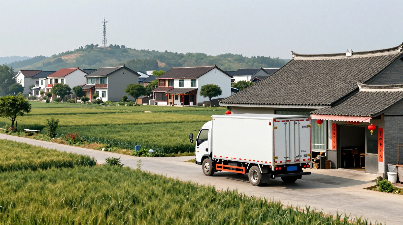 A logistics delivery truck in a rural Chinese village, symbolizing the connection between remote farms and urban markets.