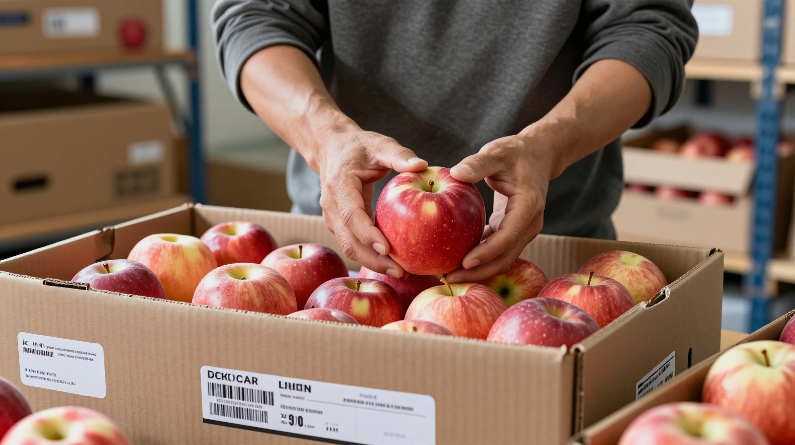 A farmer packing fresh apples for e-commerce delivery, bypassing traditional middlemen.