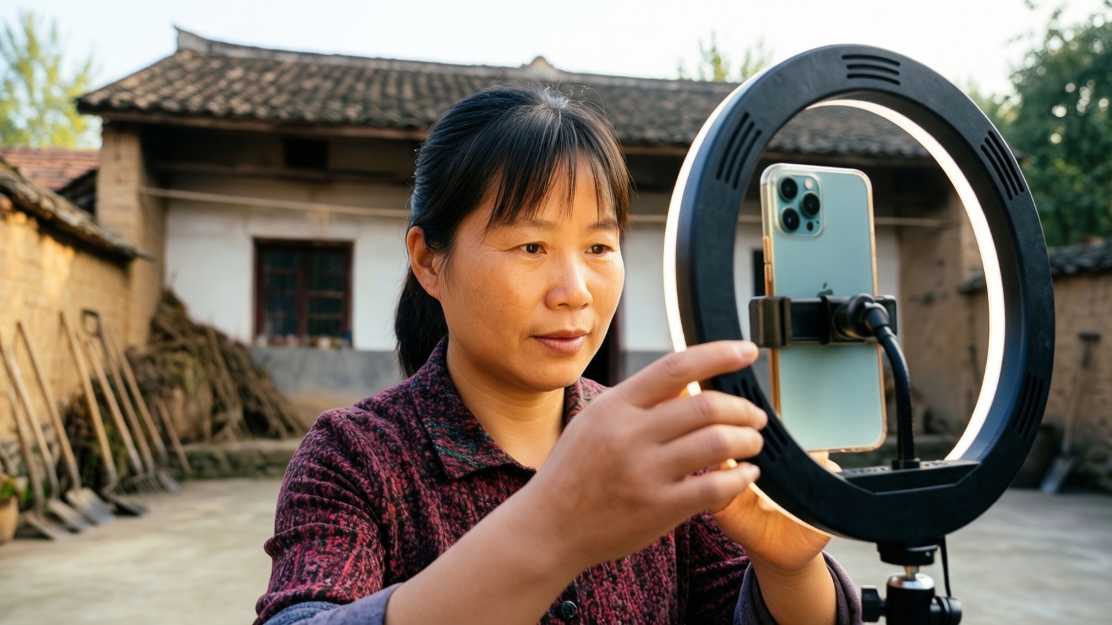 A rural farmer in Henan setting up her smartphone and ring light for a live e-commerce stream in her courtyard.