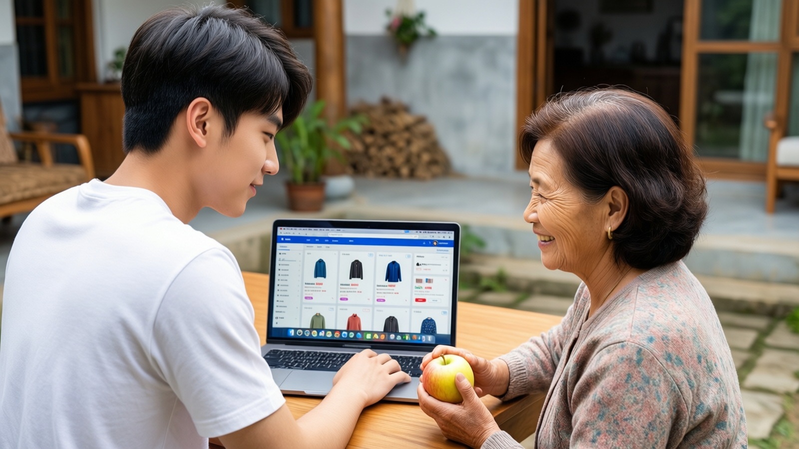 A young man and his mother collaborating on managing an online agricultural business in rural Henan.