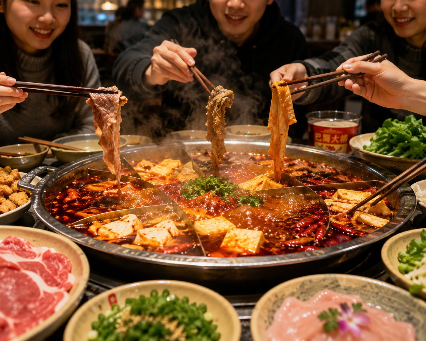 Young Chinese people enjoying a spicy Sichuan hotpot meal, showcasing regional food culture and social dining traditions.