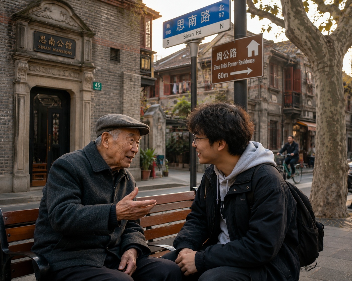 An elderly local resident and a young person conversing in a Shanghai neighborhood, illustrating the coexistence of traditional dialects and modern life.