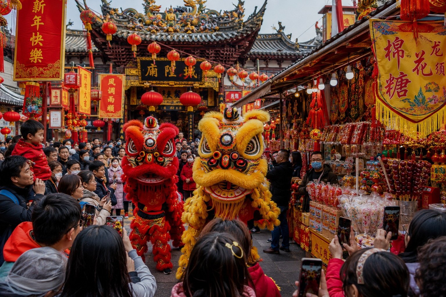A lively temple fair during the Lunar New Year in China, showing how traditional festivals are celebrated with modern participation and local customs.
