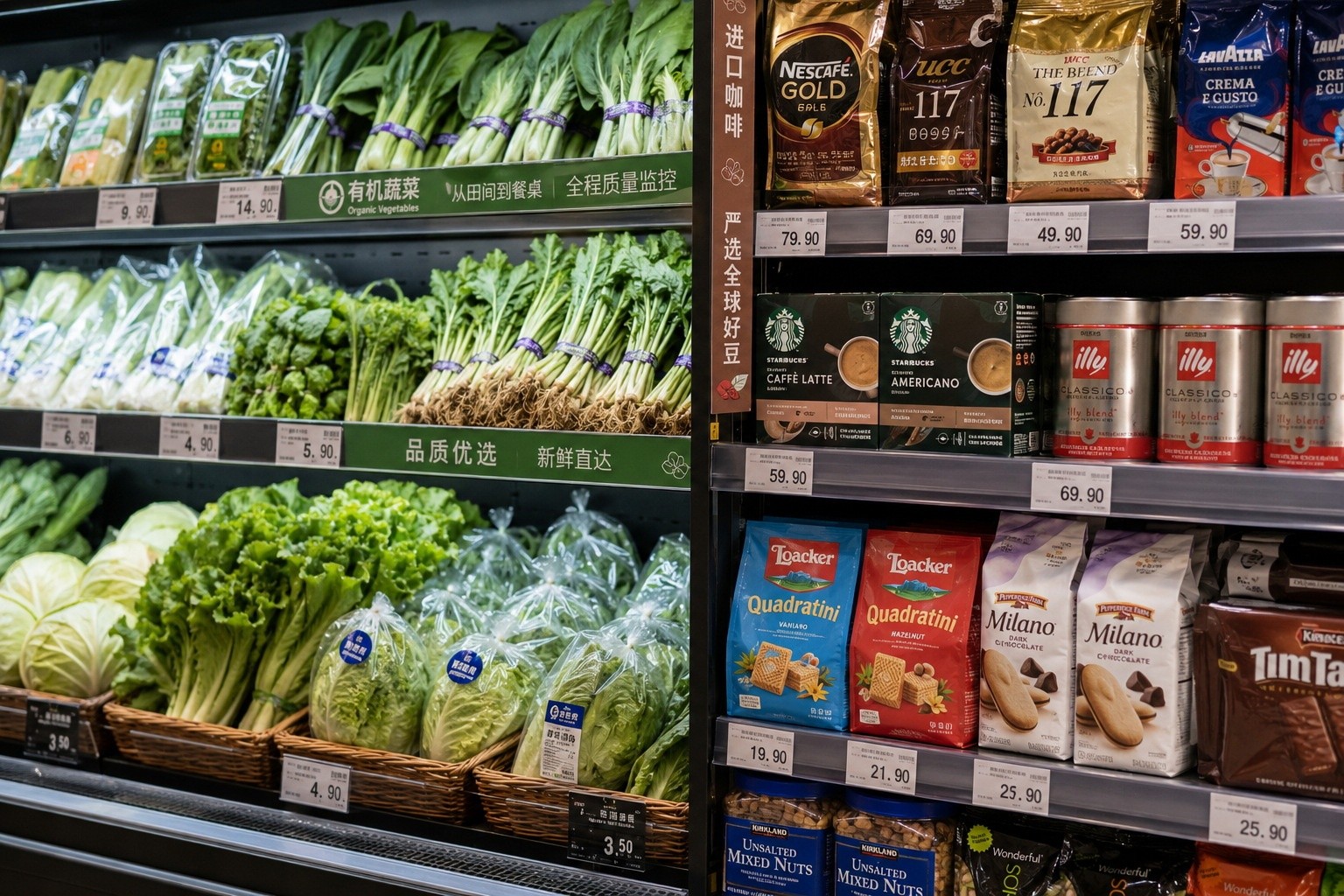 A variety of fresh produce and imported goods displayed on a supermarket shelf in China, highlighting the diversity available to local consumers.