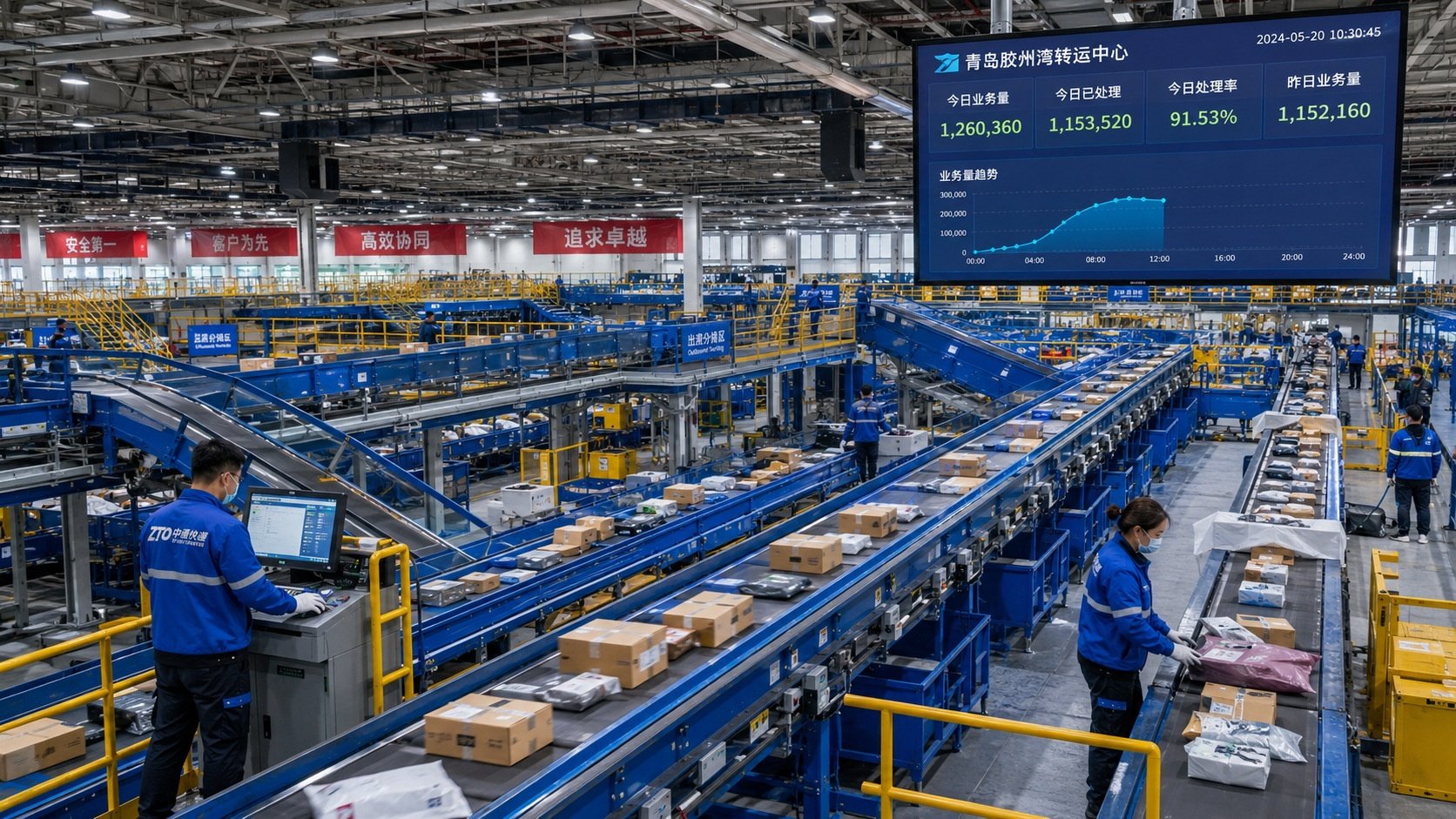 Workers and automated systems operating in a modern Chinese logistics sorting center, illustrating the efficiency of the supply chain.