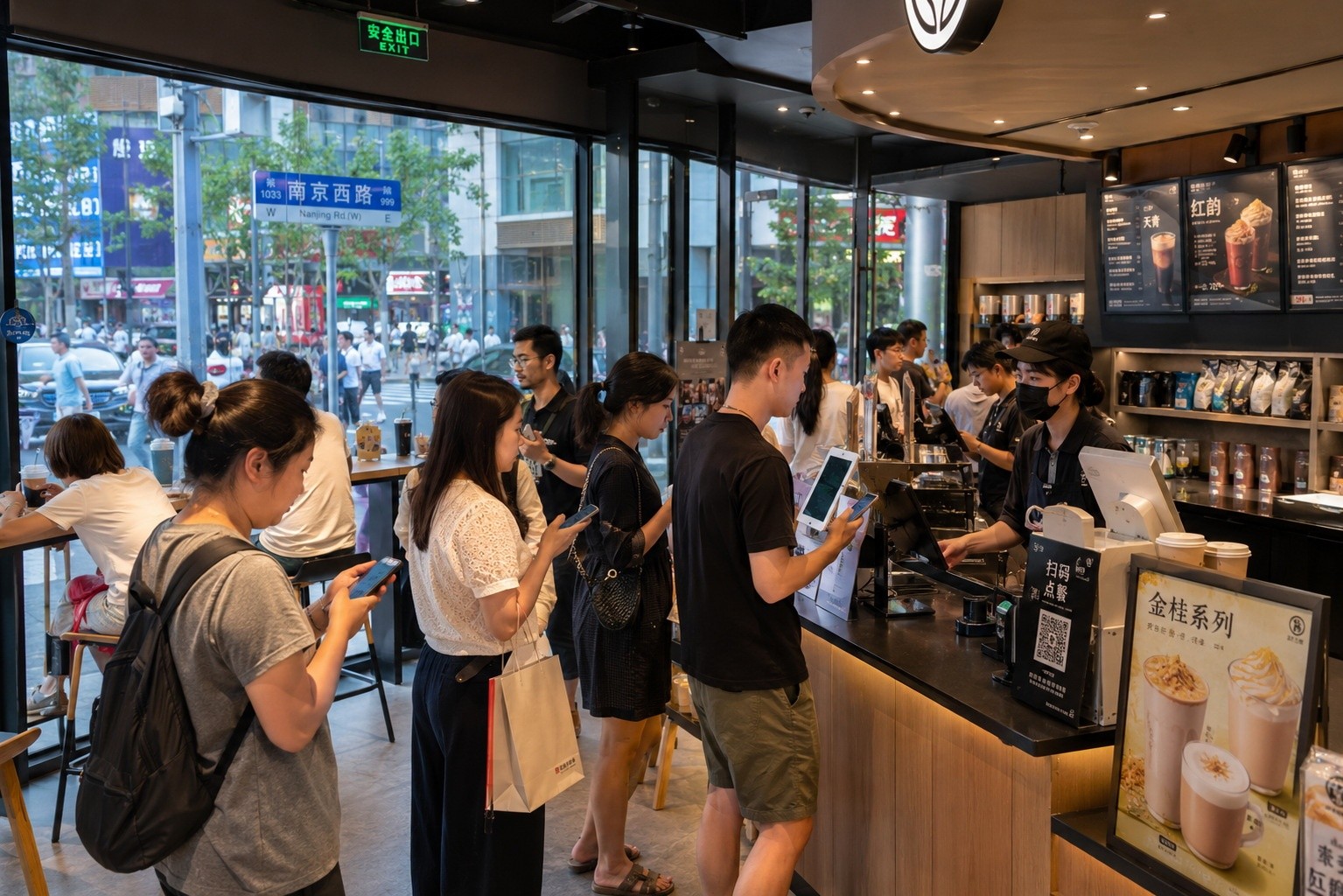 Customers using smartphones to order drinks at a popular coffee chain store in a Chinese city, showing the integration of digital services.