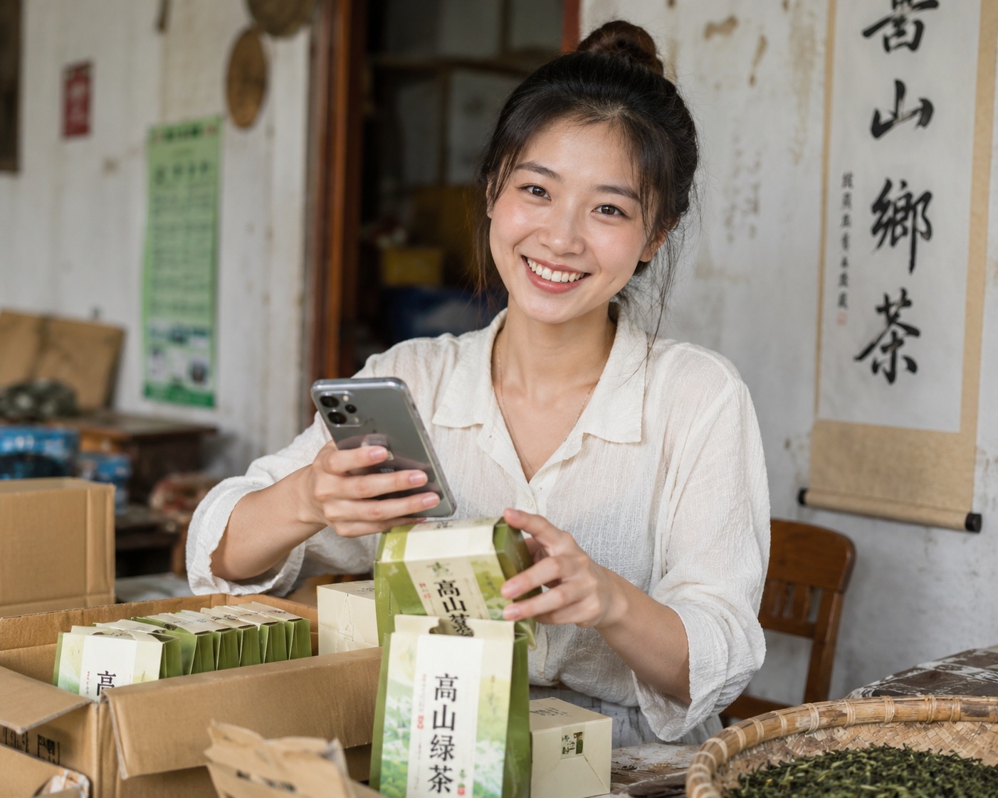 A young woman in a rural Chinese village packing tea boxes for online shipping, illustrating the impact of national logistics integration on small businesses.