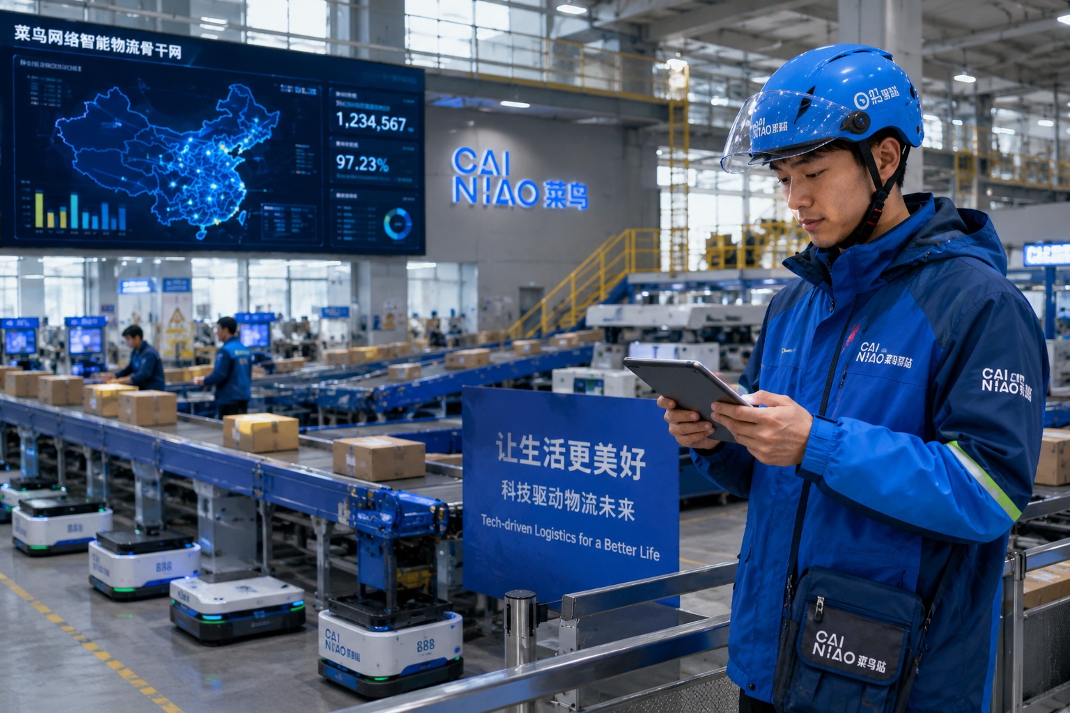 A delivery worker checking a digital tablet at a modern logistics hub, highlighting the efficiency of China's unified digital payment and delivery systems.