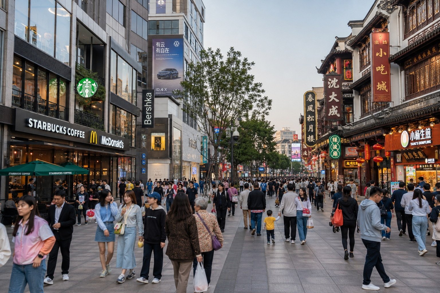 A busy street in China showing a blend of global brands and local businesses, illustrating the coexistence of standardization and local cultural identity.