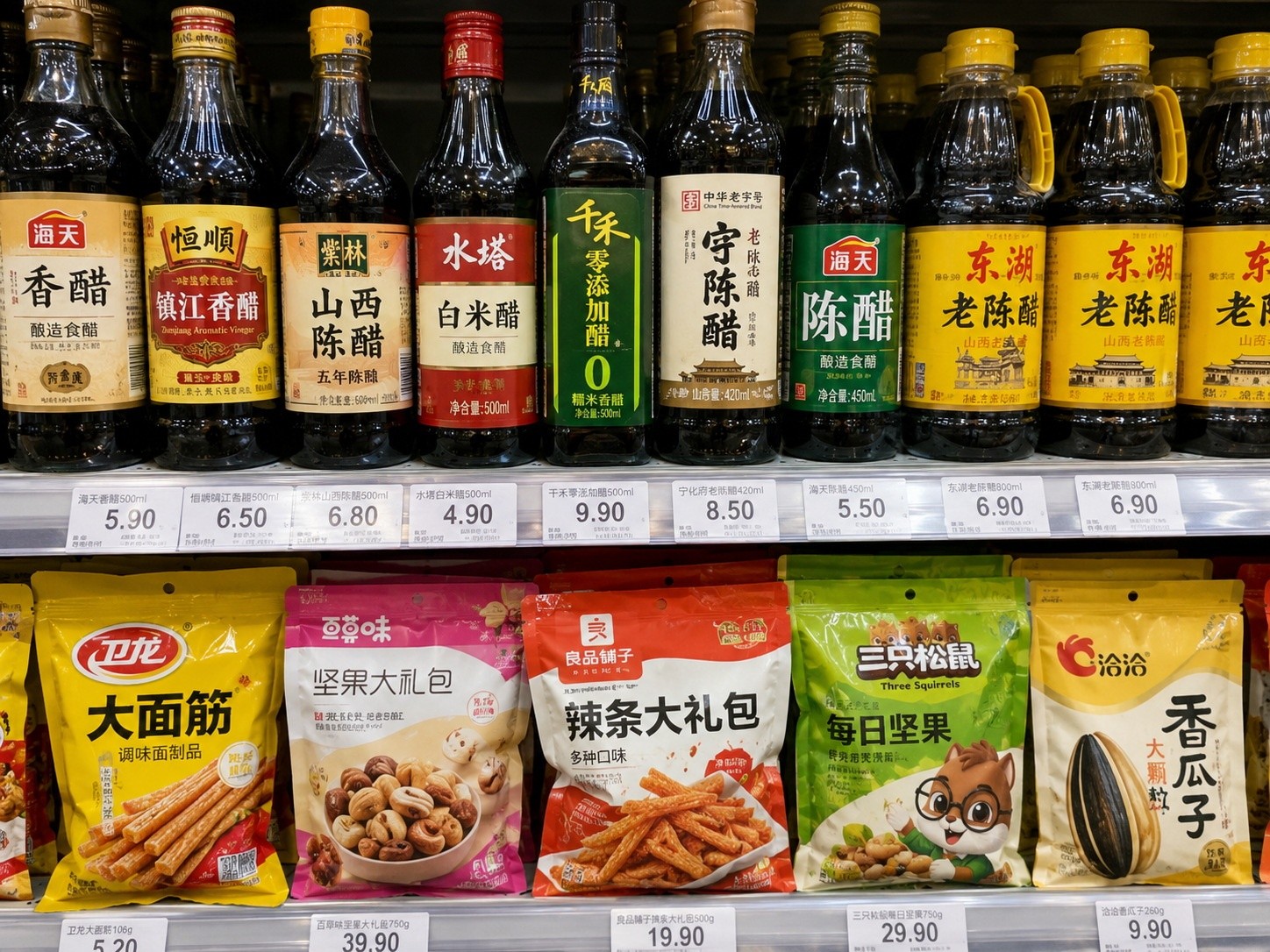 Assorted local Chinese grocery products displayed on a supermarket shelf, illustrating how regional goods are now standardized across the national market.
